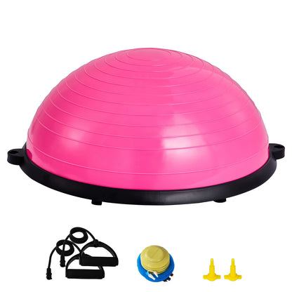 Half Balance Ball Trainer, 23-Inch Stability Ball with a 660Lbs Weight Limit, Includes Resistance Bands & Foot Pump for a Comprehensive Home Gym Experience, Ideal for Full Body Fitness, Pink