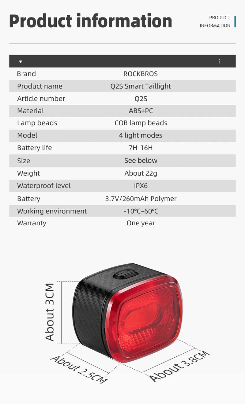 ROCKBROS Local Ship Bicycle Brake Light Ipx6 Taillight Type-C Bike Tail Rear Light Auto LED Riding Warning Safe Cycling Light