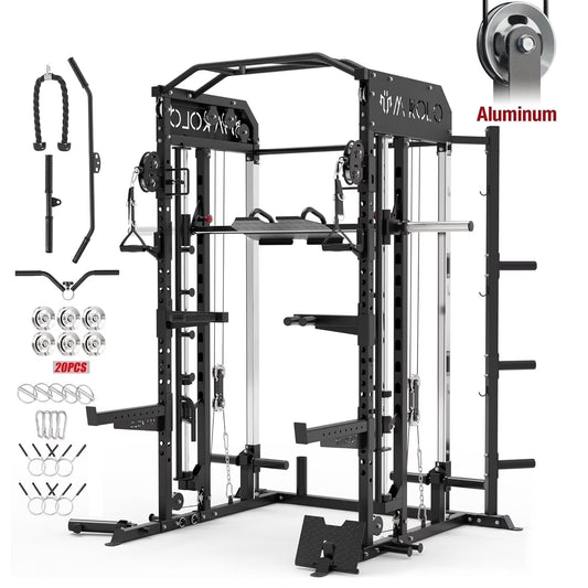 Smith Machine, All-In-One Power Rack Cage with Vertical Leg Press, 2000LBS Power Cage Squat Rack with Smith Bar, Dual Pulley Cable Crossover System for Home Gym