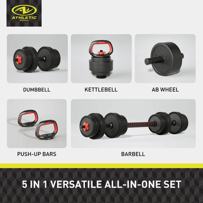 40LB 5 in 1 Adjustable Dumbbell Set , Fitness Exercises for Home Gym, Black, 1-Inch Holes Fit Standard Sized Bar