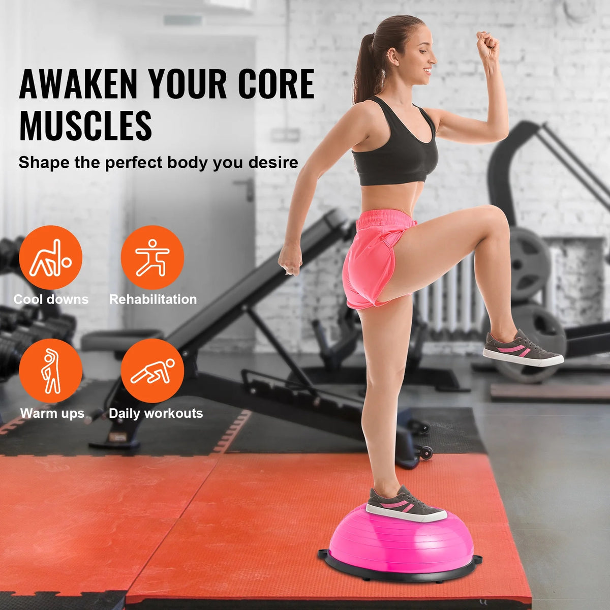 Half Balance Ball Trainer, 23-Inch Stability Ball with a 660Lbs Weight Limit, Includes Resistance Bands & Foot Pump for a Comprehensive Home Gym Experience, Ideal for Full Body Fitness, Pink